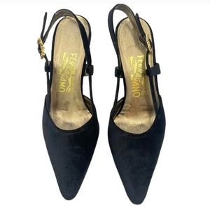 Vintage Salvatore Ferragamo Black Velvet Pointed Slingback Heels